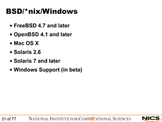 BSD/*nix/Windows FreeBSD 4.7 and later OpenBSD 4.1 and later Mac OS X Solaris 2.6 Solaris 7 and later Windows Support (in beta) 
