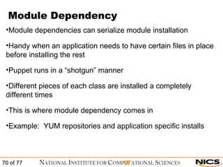 Module Dependency Module dependencies can serialize module installation Handy when an application needs to have certain files in place before installing the rest Puppet runs in a “shotgun” manner Different pieces of each class are installed a completely different times This is where module dependency comes in Example:  YUM repositories and application specific installs 