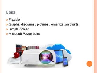USES
 Flexible
 Graphs, diagrams , pictures , organization charts
 Simple &clear
 Microsoft Power point
 