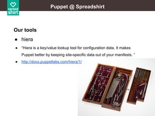 Puppet @ Spreadshirt

Our tools
● hiera
●

“Hiera is a key/value lookup tool for configuration data. It makes
Puppet better by keeping site-specific data out of your manifests. ”

●

http://docs.puppetlabs.com/hiera/1/

 
