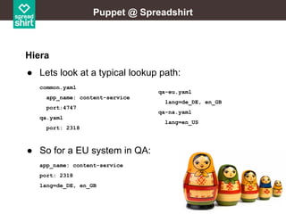 Puppet @ Spreadshirt

Hiera
● Lets look at a typical lookup path:
common.yaml
app_name: content-service
port:4747
qa.yaml
port: 2318

● So for a EU system in QA:
app_name: content-service
port: 2318
lang=de_DE, en_GB

qa-eu.yaml
lang=de_DE, en_GB
qa-na.yaml
lang=en_US

 