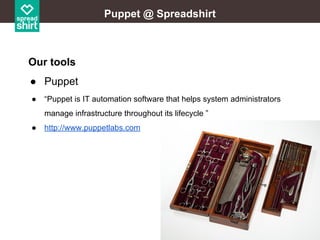 Puppet @ Spreadshirt

Our tools
● Puppet
●

“Puppet is IT automation software that helps system administrators
manage infrastructure throughout its lifecycle ”

●

http://www.puppetlabs.com

 
