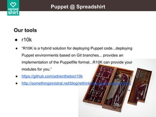 Puppet @ Spreadshirt

Our tools
● r10k
●

“R10K is a hybrid solution for deploying Puppet code...deploying
Puppet environments based on Git branches... provides an
implementation of the Puppetfile format...R10K can provide your
modules for you.”

●

https://github.com/adrienthebo/r10k

●

http://somethingsinistral.net/blog/rethinking-puppet-deployment/

 