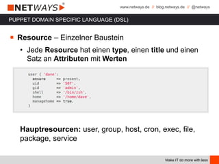 www.netways.de // blog.netways.de // @netways
Make IT do more with less
PUPPET DOMAIN SPECIFIC LANGUAGE (DSL)
￭ Resource – Einzelner Baustein
• Jede Resource hat einen type, einen title und einen
Satz an Attributen mit Werten
Hauptresourcen: user, group, host, cron, exec, file,
package, service
 