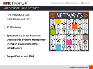 www.netways.de // blog.netways.de // @netways
Make IT do more with less
KURZVORSTELLUNG NETWAYS
• Firmengründung 1995
• Open Source seit 1997
• 40 Mitarbeiter
• Spezialisierung in den Bereichen
Open Source Systems Management
und Open Source Datacenter
Infrastructure
• Puppet Partner seit 2009
 