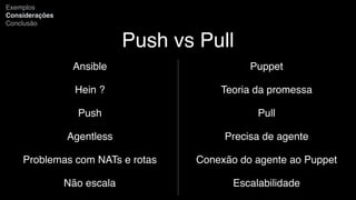 Push vs Pull
Ansible
Hein ?
Push
Agentless
Problemas com NATs e rotas
Não escala
Exemplos
Considerações
Conclusão
Puppet
Teoria da promessa
Pull
Precisa de agente
Conexão do agente ao Puppet
Escalabilidade
 
