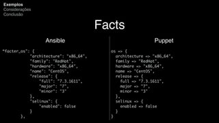 Facts
Ansible
“facter_os": {
"architecture": "x86_64",
"family": "RedHat",
"hardware": "x86_64",
"name": "CentOS",
"release": {
"full": "7.3.1611",
"major": "7",
"minor": "3"
},
"selinux": {
"enabled": false
}
},
Exemplos
Considerações
Conclusão
Puppet
os => {
architecture => "x86_64",
family => "RedHat",
hardware => "x86_64",
name => "CentOS",
release => {
full => "7.3.1611",
major => "7",
minor => "3"
},
selinux => {
enabled => false
}
}
 