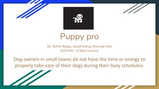 Puppy pro
By: Nithin Adapa, David Cheng, Shounak Vale
EECS 441 - 4:30pm Lecture
Dog owners in small towns do not have the time or energy to
properly take care of their dogs during their busy schedules.
 