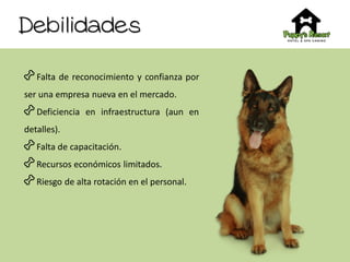 Falta de reconocimiento y confianza por
ser una empresa nueva en el mercado.
Deficiencia en infraestructura (aun en
detalles).
Falta de capacitación.
Recursos económicos limitados.
Riesgo de alta rotación en el personal.
Debilidades
 