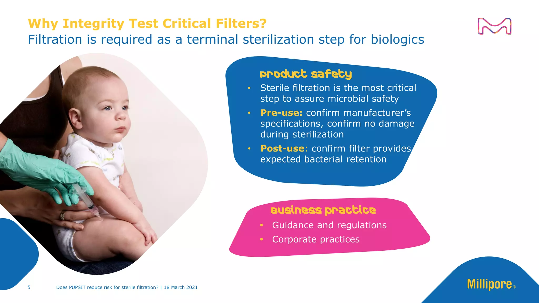 Why Integrity Test Critical Filters?
Filtration is required as a terminal sterilization step for biologics
Product Safety
• Sterile filtration is the most critical
step to assure microbial safety
• Pre-use: confirm manufacturer’s
specifications, confirm no damage
during sterilization
• Post-use: confirm filter provides
expected bacterial retention
Business practice
 Guidance and regulations
 Corporate practices
Does PUPSIT reduce risk for sterile filtration? | 18 March 2021
5
 