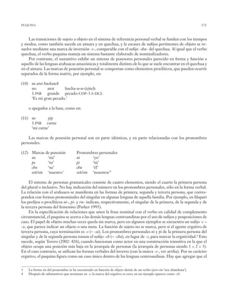 131
Las transiciones de sujeto a objeto en el sistema de referencia personal verbal se funden con los tiempos
y modos, como también sucede en aimara y en quechua, y la escasez de sufijos pertinentes de objeto se re-
suelve mediante una marca de inversión ‑s-, comparable con el sufijo -shu- del quechua. Al igual que el verbo
quechua, el verbo puquina maneja un sistema bastante elaborado de nominalizadores.
Por contraste, el sustantivo exhibe un sistema de posesores personales parecido en forma y función a
aquello de las lenguas arahuacas amazónicas y totalmente distinto de lo que se suele encontrar en el quechua y
en el aimara. Las marcas de posesión personal se comportan como elementos proclíticos, que pueden ocurrir
separados de la forma matriz, por ejemplo, en:
(10) no atot huchanch
no	 atot	 hucha-ø-ø-(a)nch
1.psr	 grande	 pecado-cop-3.s-dcl
‘Es mi gran pecado.’
o apegados a la base, como en:
(11) no 	pip
1.psr carne
‘mi carne’
Las marcas de posesión personal son en parte idénticas, y en parte relacionadas con los pronombres
personales.
(12) Marcas de posesión	 Pronombres personales
no	 ‘mi’	 ni	 ‘yo’
po	 ‘tu’	 pi	 ‘tú’
chu	 ‘su’	 chu	 ‘él’
señ/sin	 ‘nuestro’	 señ/sin	 ‘nosotros’3
El sistema de personas gramaticales consiste de cuatro elementos, siendo el cuarto la primera persona
del plural o inclusivo. No hay indicación del número en los pronombres personales, sólo en la forma verbal.
La relación con el arahuaco se manifiesta en las formas de primera, segunda y tercera persona, que corres-
ponden con formas pronominales del singular en algunas lenguas de aquella familia. Por ejemplo, en Iñapari
los prefijos o proclíticos ni-, pi- y ru- indican, respectivamente, el singular de la primera, de la segunda y de
la tercera persona del femenino (Parker 1995).
En la especificación de relaciones que unen la frase nominal con el verbo en calidad de complemento
circunstancial, el puquina se acerca a las demás lenguas centroandinas por el uso de sufijos y posposiciones de
caso. El papel de objeto muchas veces queda sin marca, pero en algunos ejemplos se encuentra un sufijo -c ~
-x, que parece indicar un objeto o una meta. La función de sujeto no se marca, pero sí el agente ergativo de
tercera persona, cuya terminación es -s (~ -sa). Los pronombres personales ni y pi de la primera persona del
singular y de la segunda persona toman el sufijo -ch (~ -cha), en lugar de -s, para marcar la ergatividad.4
Esto
sucede, según Torero (2002: 426), cuando funcionan como actor en una construcción transitiva en la que el
objeto ocupa una posición más baja en la jerarquía de personas (la jerarquía de personas siendo 1 > 2 > 3).
En el caso contrario, se utilizan las formas verbales del inverso (con la marca -s-, ver arriba). Por su carácter
ergativo, el puquina figura como un caso único dentro de las lenguas centroandinas. Hay que agregar que el
3 La forma sin del pronombre se ha encontrado en función de objeto detrás de un verbo (acro-sin ‘nos abandona’).
4 Después de substantivos que terminan en -s, la marca del ergativo es cero; en un ejemplo aparece como ‑ch.
puquina
 