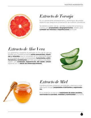 Es un conservante antibacteriano y antifúngico de amplio
espectro que asegura la conservación de nuestros cosméticos.
Se obtiene a partir de las semillas y pulpa de la toronja y
cuenta con propiedades despigmentantes ideales para
combatir las manchas e imperfecciones de la piel.
Extracto de Miel
Contiene azúcares, proteínas, aminoácidos, vitaminas y mine-
rales que le otorgan propiedades cicatrizantes y regenerado-
ras.
Es un poderoso auxiliar en el tratamiento de pieles sensibles,
reavivando la suavidad, vitalidad y luminosidad a tu rostro.
Extracto de Aloe Vera
Lo obtenemos mediante el prensado en frío de las pencas
de aloe vera. Contiene al menos veinte aminoácidos, vitami-
nas y minerales que lo convierten en un importante aliado
en el cuidado de tu piel; sus propiedades humectantes, antiin-
flamatorias y revitalizantes permiten que nuestros maquillajes
logren una acelerada regeneración del tejido celular,
logrando así un efecto de antienvejecimiento.
Extracto de Toronja
NUESTROS INGREDIENTES
 