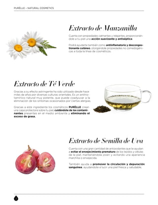 Cuenta con propiedades calmantes y relajantes, proporcionán-
dole a tu piel una acción suavizante y antiséptica.
Podrá ayudarte también como antiinflamatorio y desconges-
tionante cutáneo, otorgándole propiedades no comedogéni-
cas a toda la línea de cosméticos.
Cuenta con una gran cantidad de antioxidantes que te ayudan
a evitar el envejecimiento prematuro de los tejidos y células
de la piel, manteniéndola joven y evitando una apariencia
marchita o envejecida.
También ayuda a promover la circulación y depuración
sanguínea, ayudandote a lucir una piel fresca y saludable.
Gracias a su efecto astringente ha sido utilizado desde hace
miles de años por diversas culturas orientales. Es un antihis-
tamínico natural muy potente, que puede coadyuvar a la
eliminación de los síntomas ocasionados por ciertas alergias.
Gracias a este ingrediente los cosméticos PURÈLLE crean
una capa protectora sobre tu piel, cuidándote de los contami-
nantes presentes en el medio ambiente y eliminando el
exceso de grasa.
Extracto de Manzanilla
Extracto de Té Verde
Extracto de Semilla de Uva
PURÈLLE – NATURAL COSMETICS
 