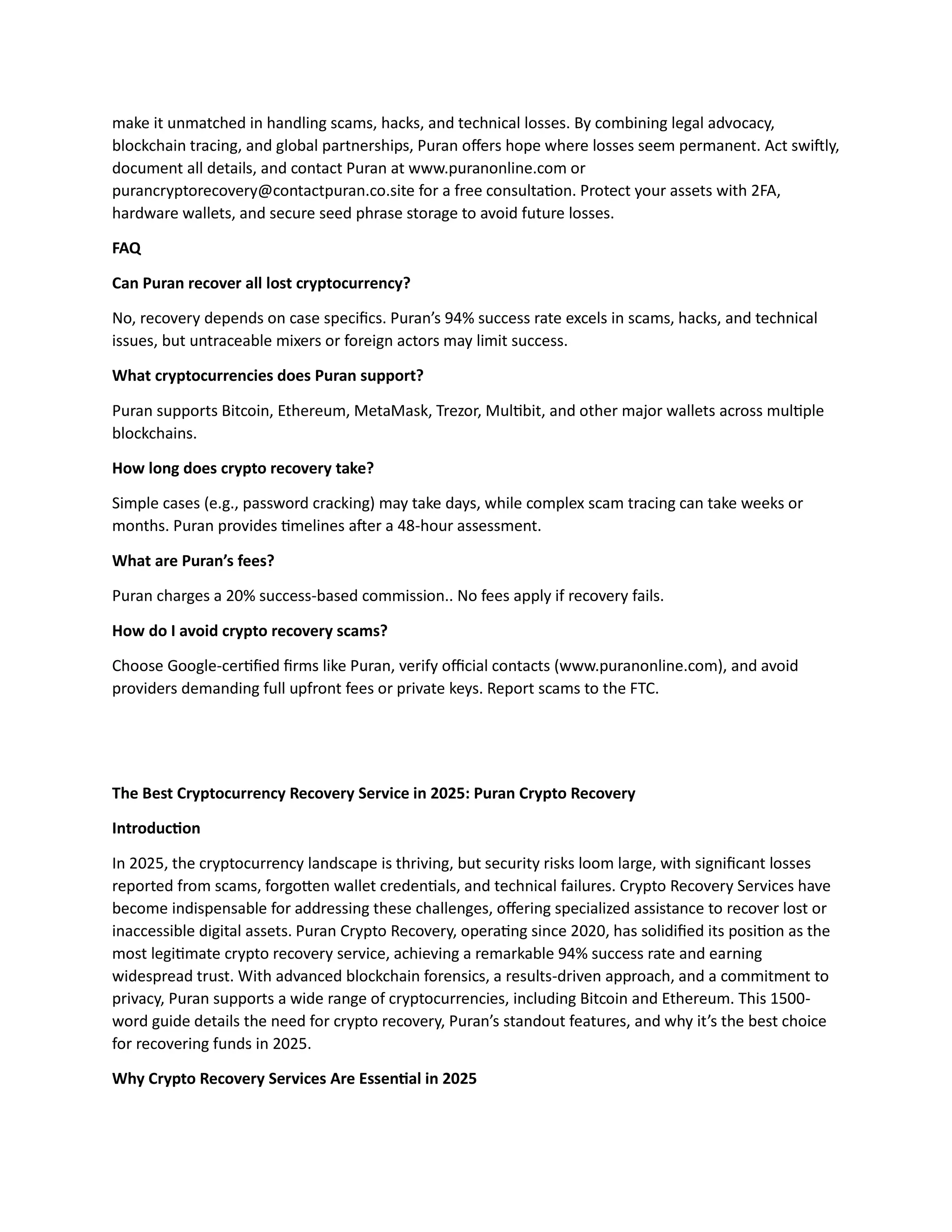 Hire the Best Crypto Recovery Experts for Fast Recovery in 2025: Puran Crypto  Recovery | PDF