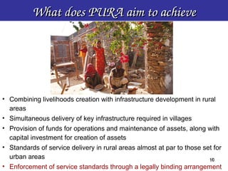 What does PURA aim to achieve




• Combining livelihoods creation with infrastructure development in rural
  areas
• Simultaneous delivery of key infrastructure required in villages
• Provision of funds for operations and maintenance of assets, along with
  capital investment for creation of assets
• Standards of service delivery in rural areas almost at par to those set for
  urban areas                                                           10
                                                                        10
• Enforcement of service standards through a legally binding arrangement
 