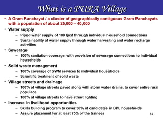 What is a PURA Village
• A Gram Panchayat / a cluster of geographically contiguous Gram Panchayats
  with a population of about 25,000 – 40,000
• Water supply
     – Piped water supply of 100 lpcd through individual household connections
     – Sustainability of water supply through water harvesting and water recharge
       activities
• Sewerage
     – 100% sanitation coverage, with provision of sewerage connections to individual
       households
• Solid waste management
     – 100% coverage of SWM services to individual households
     – Scientific treatment of solid waste
• Village streets and drainage
     – 100% of village streets paved along with storm water drains, to cover entire rural
       populace
     – 100% of village streets to have street lighting
• Increase in livelihood opportunities
     – Skills building program to cover 50% of candidates in BPL households
     – Assure placement for at least 75% of the trainees                           12
                                                                                   12
 