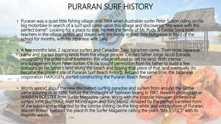 PURARAN SURF HISTORY
• Puraran was a quiet little fishing village until 1984 when Australian surfer Peter Sutton riding on his
big motorbike in search of a surf spot came upon this village and discovered “the wave with the
perfect barrel”. Looking for a place to stay, he met the family of Mr. Rudy & Cecilia Soria both
teachers in the village school and stayed with the family in their little bungalow in front of the
school for months, with his Japanese wife Sally.
• A few months later, 2 Japanese surfers and Canadian Dale Sorachen came. Then more Japanese
came and started buying lands from the village people. Cecilia’s father Jorge Jacob Estrada,
recognizing the potential of tourism in this village refused to sell his land. With intense
encouragement from Peter Sutton, Cecilia sought permission from his father to build a few
cottages on his father’s land along the beach and buying that piece of that land eventually (to
become the present site of Puraran Surf Beach Resort). Around the same time, the Japanese
corporation HAROGEN started constructing the Puraran Beach Resort.
• Words spread about the new discovered surfing paradise and surfers from around the Globe
came pouring in. In 1986, before the onslaught of Typhoon Sisang in 1987, Hawaiin photographer
WARREN BOLSTER from Surfer Magazine came, along with the popular Hawaiian professional
surfers John Shimooka, Matt Mondragon and Tony Moniz. Amazed by the perfect barrelled form
of the waves and enchanted by the sunrise shining on the long white and empty shore of Puraran,
Warren Bolster featured the place in the Surfer Magazine calling the place “MAJESTICS” with its
majestic waves.
 
