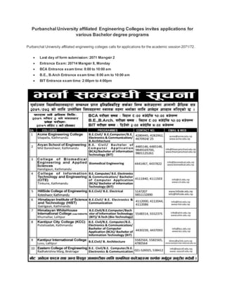 Purbanchal University affiliated Engineering Colleges invites applications for 
various Bachelor degree programs 
Purbanchal University affiliated engineering colleges calls for applications for the academic session 2071/72. 
 Last day of form submission: 2071 Mangsir 2 
 Entrance Exam: 20714 Mangsir 8, Monday 
 BCA Entrance exam time: 8:00 to 10:00 am 
 B.E., B.Arch Entrance exam time: 8:00 am to 10:00 am 
 BIT Entrance exam time: 2:00pm to 4:00pm 
