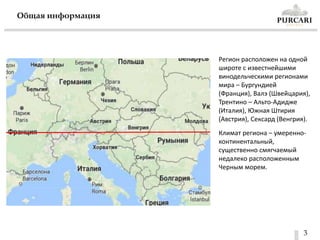 3
Общая информация
Регион расположен на одной
широте с известнейшими
винодельческими регионами
мира – Бургундией
(Франция), Валэ (Швейцария),
Трентино – Альто-Адидже
(Италия), Южная Штирия
(Австрия), Сексард (Венгрия).
Климат региона – умеренно-
континентальный,
существенно смягчаемый
недалеко расположенным
Черным морем.
 