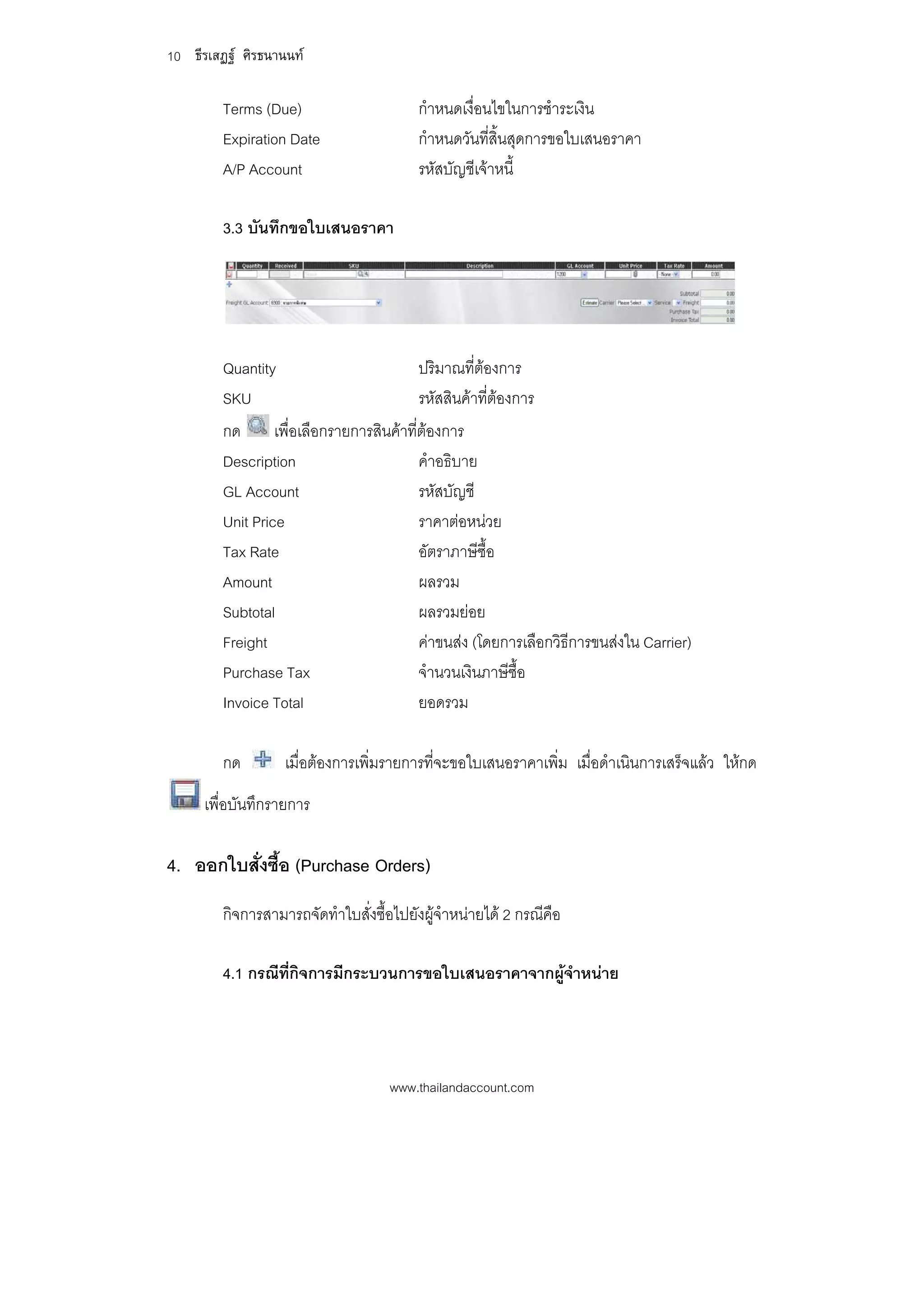 10 ธีรเสฏฐ ศิรธนานนท

         Terms (Due)                      กําหนดเงื่อนไขในการชําระเงิน
         Expiration Date                  กําหนดวันที่สิ้นสุดการขอใบเสนอราคา
         A/P Account                      รหัสบัญชีเจาหนี้

         3.3 บันทึกขอใบเสนอราคา




         Quantity                         ปริมาณที่ตองการ
         SKU                              รหัสสินคาที่ตองการ
         กด       เพื่อเลือกรายการสินคาที่ตองการ
         Description                       คําอธิบาย
         GL Account                        รหัสบัญชี
         Unit Price                        ราคาตอหนวย
         Tax Rate                          อัตราภาษีซื้อ
         Amount                            ผลรวม
         Subtotal                          ผลรวมยอย
         Freight                           คาขนสง (โดยการเลือกวิธีการขนสงใน Carrier)
         Purchase Tax                      จํานวนเงินภาษีซื้อ
         Invoice Total                     ยอดรวม

         กด         เมื่อตองการเพิ่มรายการที่จะขอใบเสนอราคาเพิ่ม เมื่อดําเนินการเสร็จแลว ใหกด
      เพื่อบันทึกรายการ

4. ออกใบสั่งซื้อ (Purchase Orders)
         กิจการสามารถจัดทําใบสั่งซื้อไปยังผูจําหนายได 2 กรณีคือ

         4.1 กรณีที่กิจการมีกระบวนการขอใบเสนอราคาจากผูจําหนาย




                                     www.thailandaccount.com
 