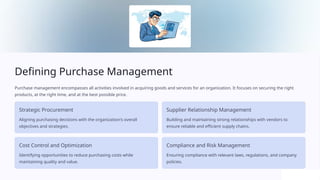 Defining Purchase Management
Purchase management encompasses all activities involved in acquiring goods and services for an organization. It focuses on securing the right
products, at the right time, and at the best possible price.
Strategic Procurement
Aligning purchasing decisions with the organization's overall
objectives and strategies.
Supplier Relationship Management
Building and maintaining strong relationships with vendors to
ensure reliable and efficient supply chains.
Cost Control and Optimization
Identifying opportunities to reduce purchasing costs while
maintaining quality and value.
Compliance and Risk Management
Ensuring compliance with relevant laws, regulations, and company
policies.
 