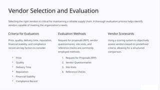 Vendor Selection and Evaluation
Selecting the right vendors is critical for maintaining a reliable supply chain. A thorough evaluation process helps identify
vendors capable of meeting the organization's needs.
Criteria for Evaluation
Price, quality, delivery time, reputation,
financial stability, and compliance
record are key factors to consider.
• Price
• Quality
• Delivery Time
• Reputation
• Financial Stability
• Compliance Record
Evaluation Methods
Request for proposals (RFP), vendor
questionnaires, site visits, and
reference checks are commonly
employed methods.
1. Request for Proposals (RFP)
2. Vendor Questionnaires
3. Site Visits
4. Reference Checks
Vendor Scorecards
Using a scoring system to objectively
assess vendors based on predefined
criteria, allowing for a structured
comparison.
 