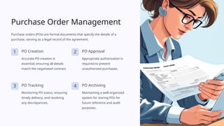 Purchase Order Management
Purchase orders (POs) are formal documents that specify the details of a
purchase, serving as a legal record of the agreement.
1 PO Creation
Accurate PO creation is
essential, ensuring all details
match the negotiated contract.
2 PO Approval
Appropriate authorization is
required to prevent
unauthorized purchases.
3 PO Tracking
Monitoring PO status, ensuring
timely delivery, and resolving
any discrepancies.
4 PO Archiving
Maintaining a well-organized
system for storing POs for
future reference and audit
purposes.
 