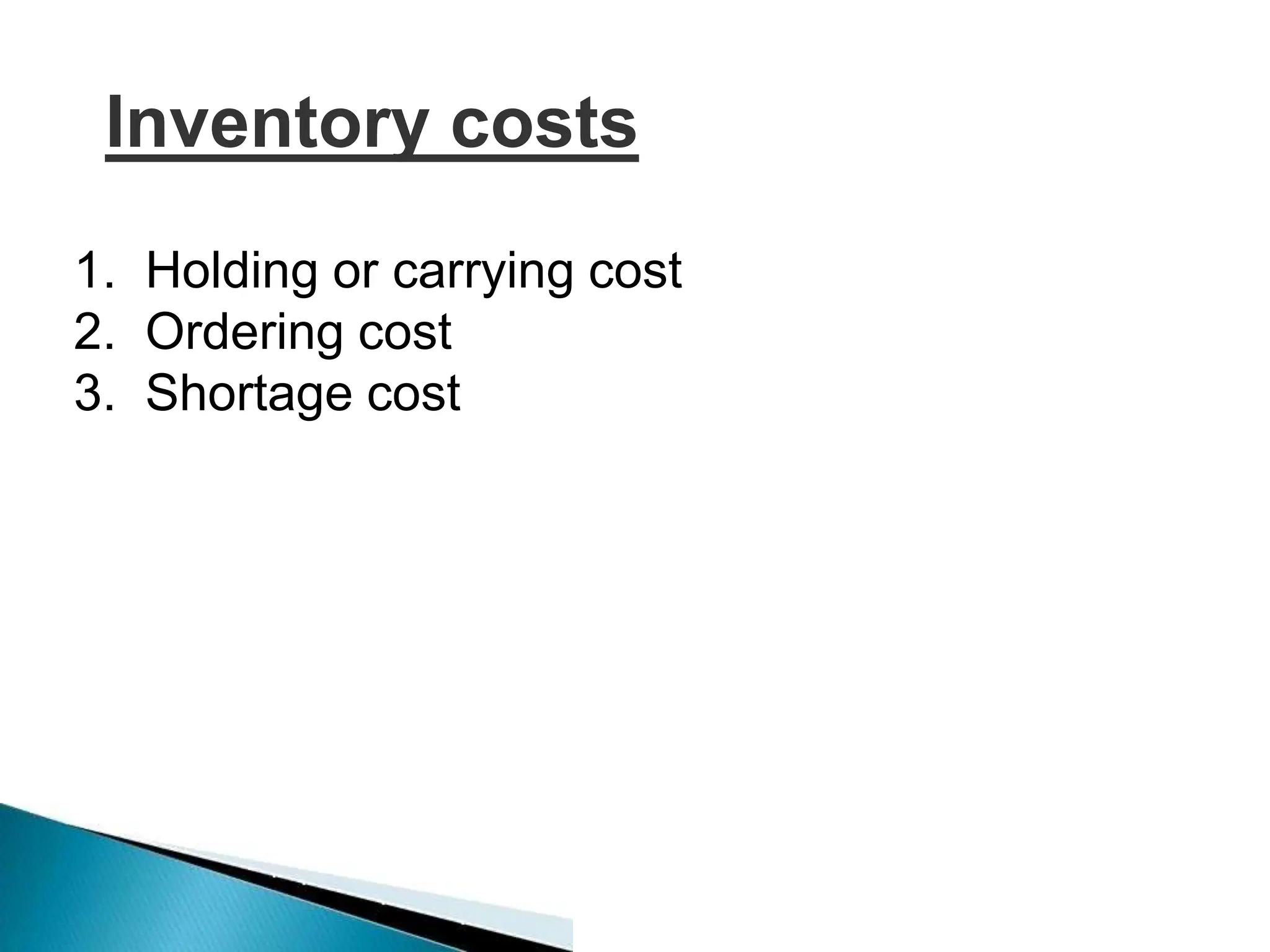 Inventory costs
1. Holding or carrying cost
2. Ordering cost
3. Shortage cost
 