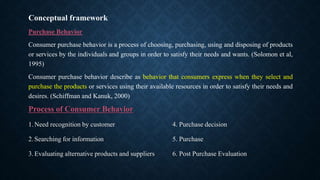 Conceptual framework
Purchase Behavior
Consumer purchase behavior is a process of choosing, purchasing, using and disposing of products
or services by the individuals and groups in order to satisfy their needs and wants. (Solomon et al,
1995)
Consumer purchase behavior describe as behavior that consumers express when they select and
purchase the products or services using their available resources in order to satisfy their needs and
desires. (Schiffman and Kanuk, 2000)
Process of Consumer Behavior
1.Need recognition by customer 4. Purchase decision
2.Searching for information 5. Purchase
3.Evaluating alternative products and suppliers 6. Post Purchase Evaluation
 