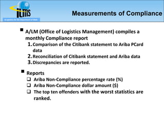 Measurements of Compliance
eLogistics for the Department of State




                  A/LM (Office of Logistics Management) compiles a
                        monthly Compliance report
                          1. Comparison of the Citibank statement to Ariba PCard
                             data
                          2. Reconciliation of Citibank statement and Ariba data
                          3. Discrepancies are reported.
                   Reports
                          Ariba Non-Compliance percentage rate (%)
                          Ariba Non-Compliance dollar amount ($)
                          The top ten offenders with the worst statistics are
                                 ranked.
 