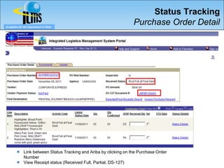 Status Tracking
eLogistics for the Department of State
                                                                     Purchase Order Detail




              Link between Status Tracking and Ariba by clicking on the Purchase Order
              Number
              View Receipt status (Received Full, Partial, DS-127)
 