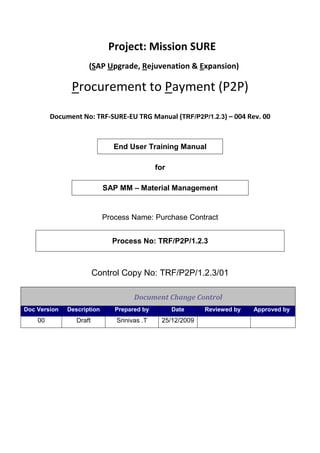 ! "# # ! $ % TRF/P2P/1.2.3 & ''( )''
End User Training Manual
for
SAP MM – Material Management
Process Name: Purchase Contract
Process No: TRF/P2P/1.2.3
Control Copy No: TRF/P2P/1.2.3/01
Doc Version Description Prepared by Date Reviewed by Approved by
00 Draft Srinivas .T 25/12/2009
 