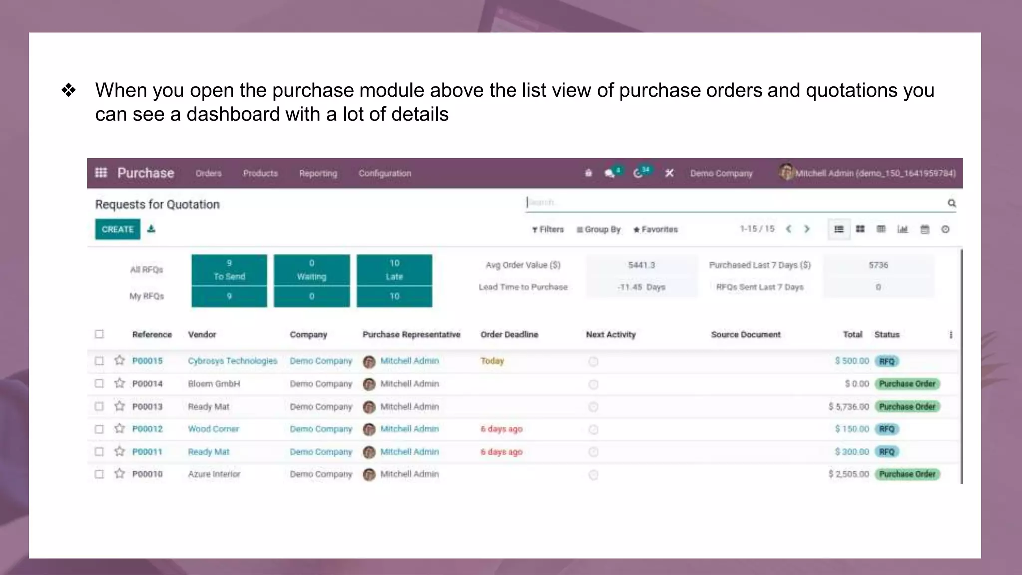 ❖ When you open the purchase module above the list view of purchase orders and quotations you
can see a dashboard with a lot of details
 