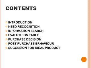 CONTENTS INTRODUCTION NEED RECOGNITION INFORMATION SEARCH EVALUTUION TABLE PURCHASE DECISION POST PURCHASE BRHAVIOUR SUGGESION FOR IDEAL PRODUCT 