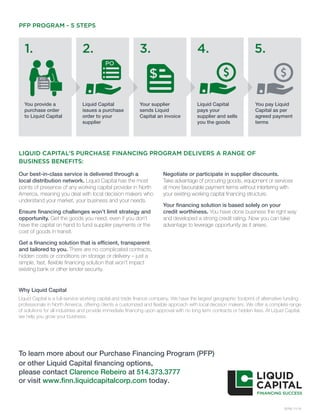 Our best-in-class service is delivered through a
local distribution network. Liquid Capital has the most
points of presence of any working capital provider in North
America, meaning you deal with local decision makers who
understand your market, your business and your needs.
Ensure financing challenges won’t limit strategy and
opportunity. Get the goods you need, even if you don’t
have the capital on hand to fund supplier payments or the
cost of goods in transit.
Get a financing solution that is efficient, transparent
and tailored to you. There are no complicated contracts,
hidden costs or conditions on storage or delivery – just a
simple, fast, flexible financing solution that won’t impact
existing bank or other lender security.
Negotiate or participate in supplier discounts.
Take advantage of procuring goods, equipment or services
at more favourable payment terms without interfering with
your existing working capital financing structure.
Your financing solution is based solely on your
credit worthiness. You have done business the right way
and developed a strong credit rating. Now you can take
advantage to leverage opportunity as it arises.
LIQUID CAPITAL’S PURCHASE FINANCING PROGRAM DELIVERS A RANGE OF
BUSINESS BENEFITS:
PFP PROGRAM - 5 STEPS
1. 2. 3. 4. 5.
You pay Liquid
Capital as per
agreed payment
terms
Liquid Capital
pays your
supplier and sells
you the goods
Your supplier
sends Liquid
Capital an invoice
Liquid Capital
issues a purchase
order to your
supplier
You provide a
purchase order
to Liquid Capital
IS700 11/15
Why Liquid Capital
Liquid Capital is a full-service working capital and trade finance company. We have the largest geographic footprint of alternative funding
professionals in North America, offering clients a customized and flexible approach with local decision makers. We offer a complete range
of solutions for all industries and provide immediate financing upon approval with no long term contracts or hidden fees. At Liquid Capital,
we help you grow your business.
To learn more about our Purchase Financing Program (PFP)
or other Liquid Capital financing options,
please contact Clarence Rebeiro at 514.373.3777
or visit www.finn.liquidcapitalcorp.com today.
PO
PO
 