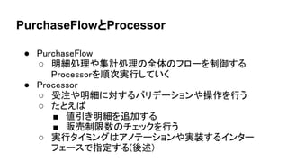 PurchaseFlowとProcessor
● PurchaseFlow
○ 明細処理や集計処理の全体のフローを制御する
Processorを順次実行していく
● Processor
○ 受注や明細に対するバリデーションや操作を行う
○ たとえば
■ 値引き明細を追加する
■ 販売制限数のチェックを行う
○ 実行タイミングはアノテーションや実装するインター
フェースで指定する(後述)
 