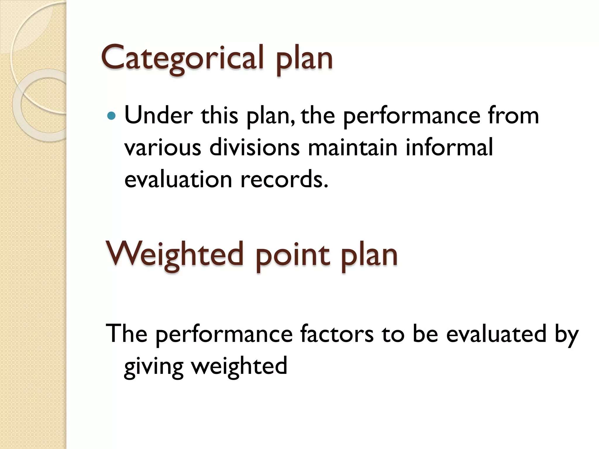 Categorical plan
 Under this plan, the performance from
various divisions maintain informal
evaluation records.
Weighted point plan
The performance factors to be evaluated by
giving weighted
 