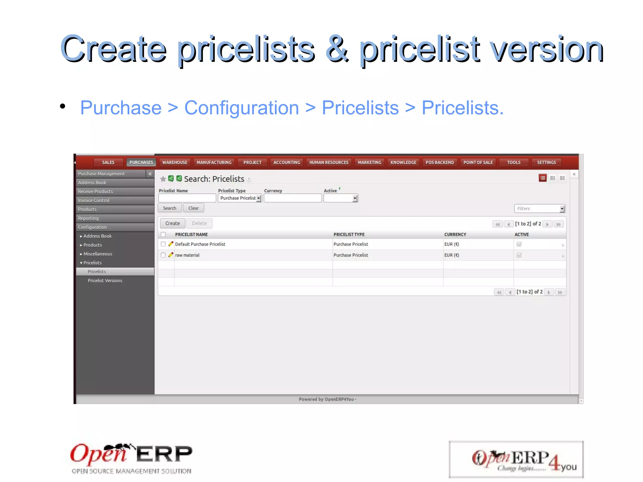 Create pricelists & pricelist versionCreate pricelists & pricelist version

Purchase > Configuration > Pricelists > Pricelists.
 
