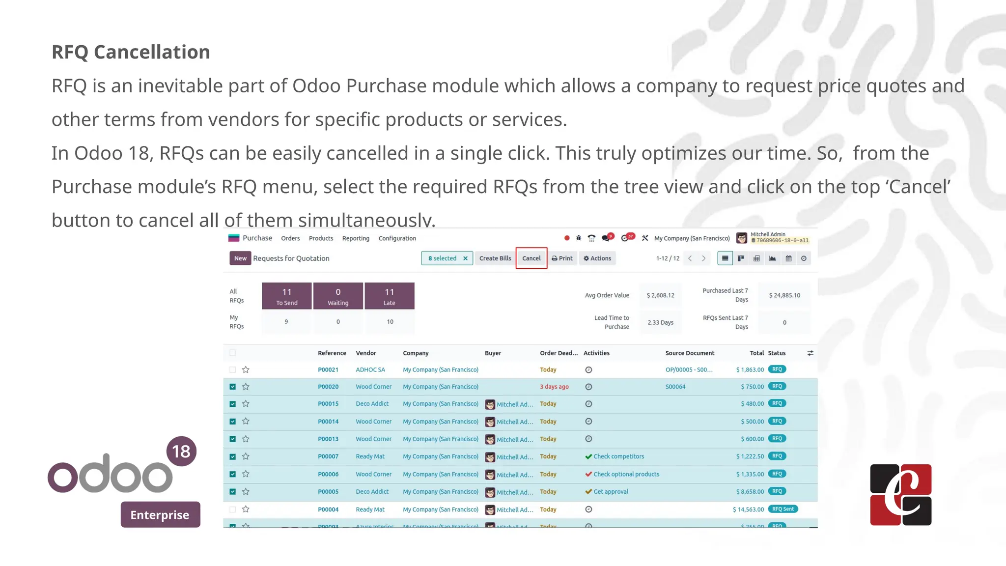 Enterprise
RFQ Cancellation
RFQ is an inevitable part of Odoo Purchase module which allows a company to request price quotes and
other terms from vendors for specific products or services.
In Odoo 18, RFQs can be easily cancelled in a single click. This truly optimizes our time. So, from the
Purchase module’s RFQ menu, select the required RFQs from the tree view and click on the top ‘Cancel’
button to cancel all of them simultaneously.
 