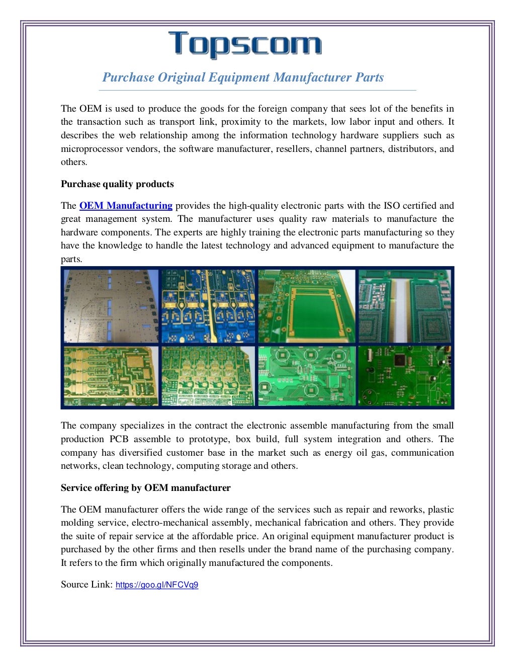 Purchase original equipment manufacturer parts