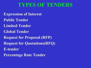 TYPES OF TENDERS 
Expression of Interest 
Public Tender 
Limited Tender 
Global Tender 
Request for Proposal (RFP) 
Request for Quotations(RFQ) 
E-tender 
Percentage Rate Tender 
 