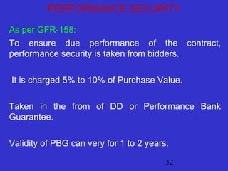 PERFORMANCE SECURITY 
As per GFR-158: 
To ensure due performance of the contract, 
performance security is taken from bidders. 
It is charged 5% to 10% of Purchase Value. 
Taken in the from of DD or Performance Bank 
Guarantee. 
Validity of PBG can very for 1 to 2 years. 
32 
 