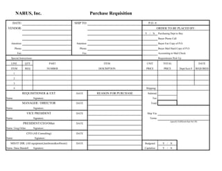 NARUS, Inc. Purchase Requisition
DATE: SHIP TO: P.O. #:
VENDOR:
Y / N Purchasing Dept to Buy
Buyer Phone Call
Attention: Attention: Buyer Fax Copy of P.O.
Phone: Phone: Buyer Mail Hard Copy of P.O.
Fax: Fax: Accounting to Mail Check
Special Instructions: Requisitioner Pick Up
LINE QTY PART UNIT TOTAL DATE
ITEM REQ NUMBER PRICE PRICE Dept/Acct # REQUIRED
1
2
3
4 Shipping:
DATE REASON FOR PURCHASE Subtotal:
Name: Signature.: Tax:
DATE Total:
Name: Signature.:
DATE Ship Via:
Name: Signature.: Terms:
DATE
Name: Greg Oslan Signature.:
DATE
Name: Signature.:
DATE Budgeted Y / N
Name: Dana Mandell Signature.: Capitalize Y / N
MIS/IT DIR. (All equipment,hardware&software)
ITEM
PRESIDENT/CEO/Other
VICE PRESIDENT
DESCRIPTION
REQUISITIONER & EXT
MANAGER / DIRECTOR
(specify if different than Net 30)
CFO (All Consulting)
ORDER TO BE PLACED BY:
 