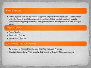 WHAT IS TENDER?
• In this system the entity invites suppliers to give their quotations. The supplier
with the lowest quotation wins the contract. It is a kind of contract mostly
followed by large organizations and governments when purchases are of large
value.
TYPES OF TENDER
• Open Tender.
• Restricted Tender
• Negotiated Tender
ADVANTAGES & DISADVANTAGES
• Advantages: Competitive Lower Cost Transparent Process
• Disadvantages: Low Price usually Detriment of Quality Time consuming
 