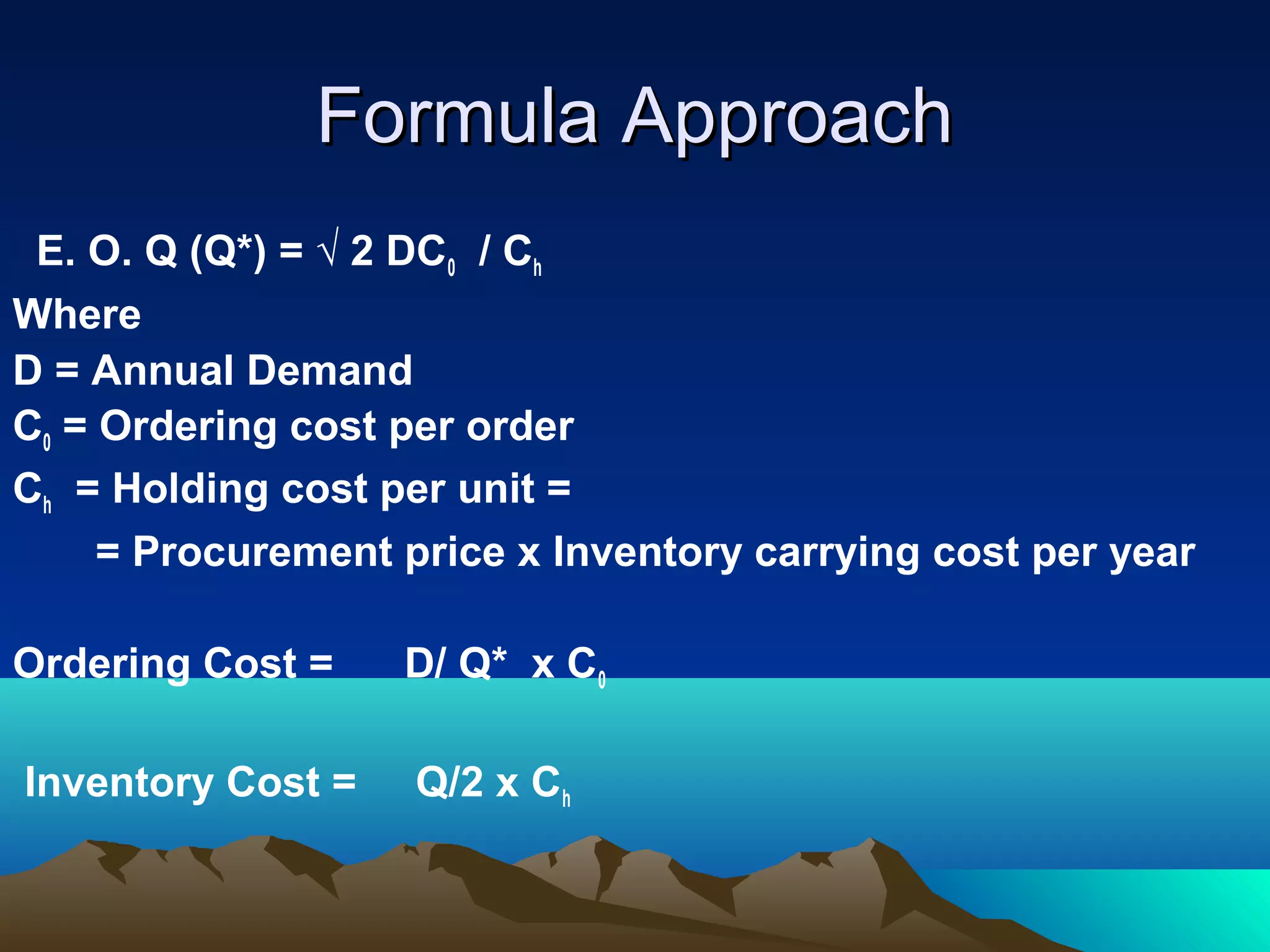 Formula ApproachFormula Approach
E. O. Q (Q*) = √ 2 DC0 / Ch
Where
D = Annual Demand
C0 = Ordering cost per order
Ch = Holding cost per unit =
= Procurement price x Inventory carrying cost per year
Ordering Cost = D/ Q* x C0
Inventory Cost = Q/2 x Ch
 