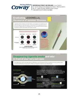 WOONGJIN COWAY (M) SDN BHD co.reg 735420-H
G-1 & M-1(Ground & Mezzanine Floor ), Wisma UOA II,
No. 21, Jalan Pinang, 50450 Kuala Lumpur
T 603 2059 0169 FX 603 2166 8882




         25
 