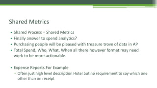 • Shared Process = Shared Metrics
• Finally answer to spend analytics?
• Purchasing people will be pleased with treasure trove of data in AP
• Total Spend, Who, What, When all there however format may need
work to be more actionable.
• Expense Reports For Example
▫ Often just high level description Hotel but no requirement to say which one
other than on receipt
Shared Metrics
 