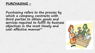 PURCHASING -
Purchasing refers to the process by
which a company contracts with
third parties to obtain goods and
services required to fulfill its business
objectives in the most timely and
cost-effective manner”
 